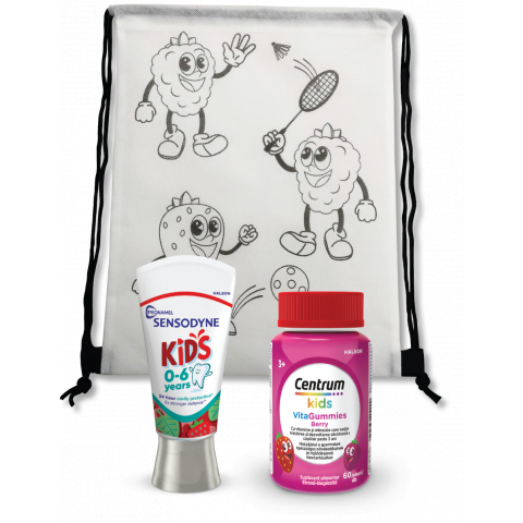OVIS TORNAZSÁK CSOMAG - CENTRUM GUMIVITAMIN GYERMEK BERRY 60db - SENSODYNE PRONAMEL KIDS 0-6 év fogkrém 50ml