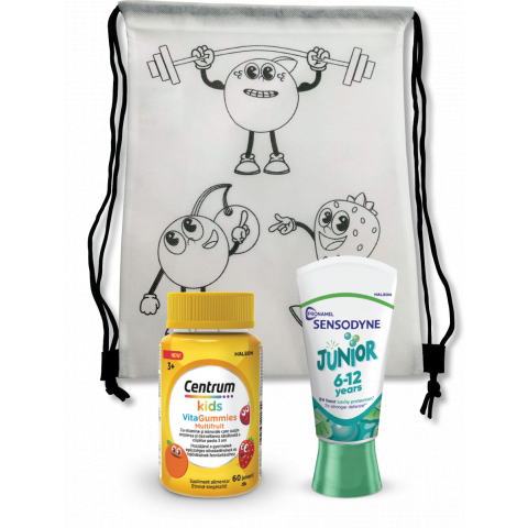 ISKOLÁS TORNAZSÁK CSOMAG - CENTRUM GUMIVITAMIN GYERMEK MULTIFRUIT 60db - SENSODYNE PRONAMEL JUNIOR 6-12 év fogkrém 50ml